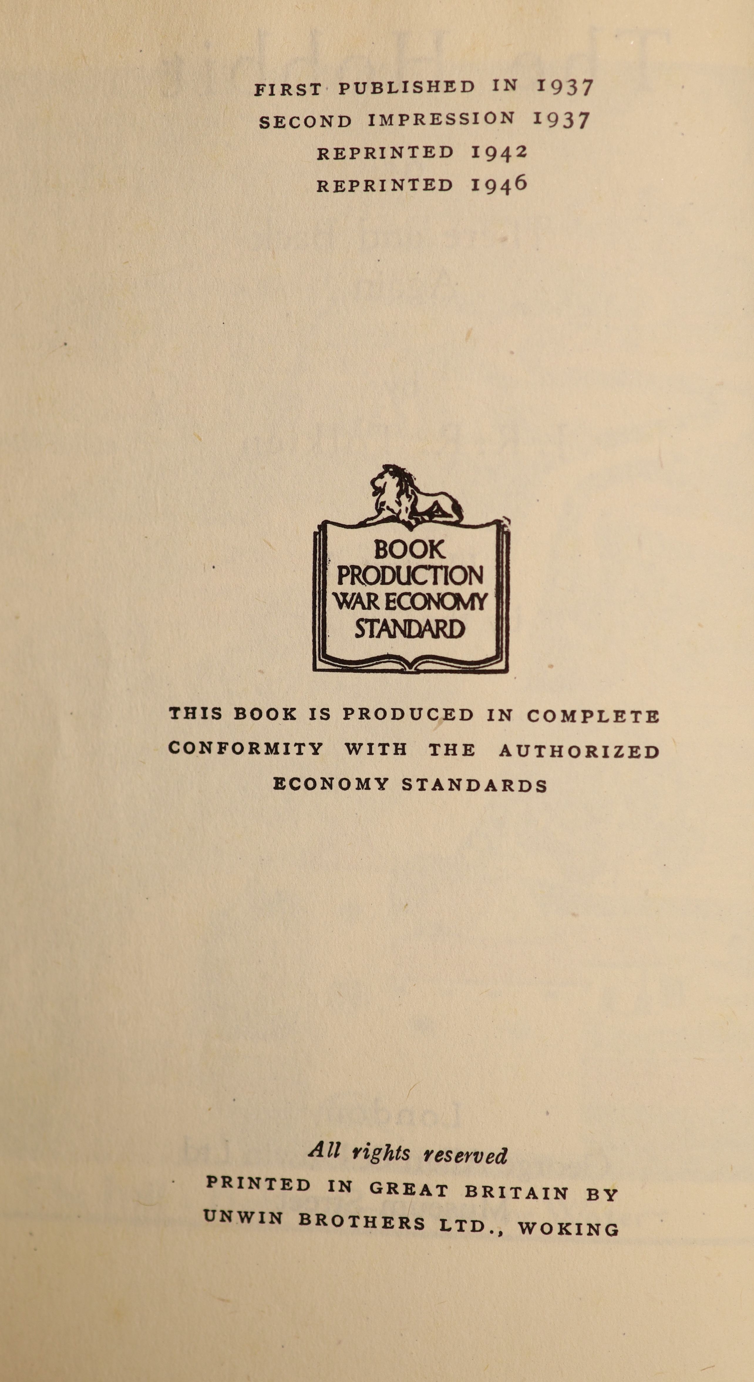 Tolkien, John, Ronald, Reuel - The Hobbit, 1st edition, 4th and last impression of the first edition, original cloth, in d/j with tears to head and foot of spine and a small amount of loss, Allen and Unwin, London, 1946;
